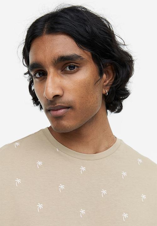 H&M - Regular fit cotton t-shirt - beige/palm trees