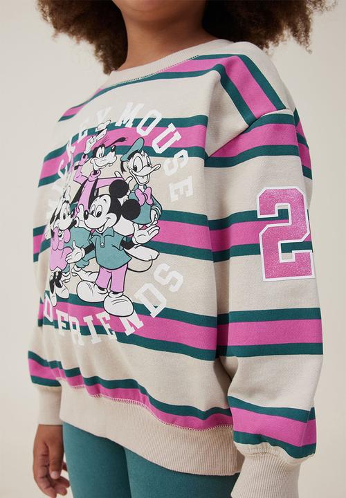 Cotton On - License dusty fleece crew neck - lcn dis mickey and friends/multi stripe