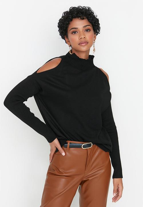 Trendyol - Cold shoulder poloneck sweater - black
