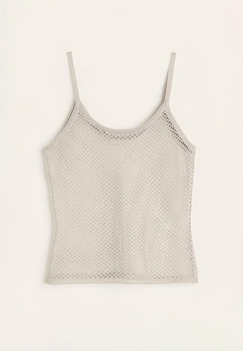 H&M - Glittery hole-knit strappy top - silver-coloured