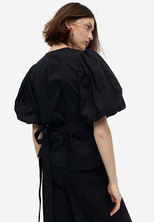H&M - Balloon-sleeved wrap blouse - black