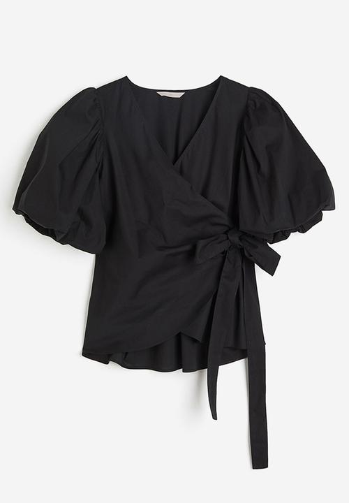 H&M - Balloon-sleeved wrap blouse - black