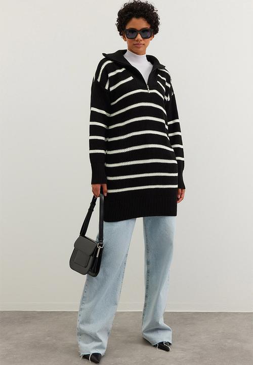 Trendyol - Striped zippered collar sweater - black