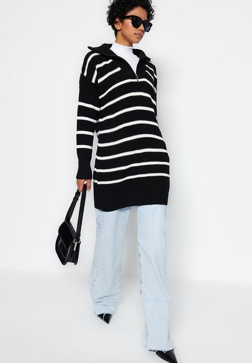 Trendyol - Striped zippered collar sweater - black