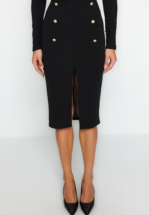 Trendyol - Smart button detail midi skirt - black