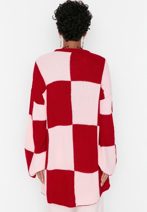Trendyol - Modest checkerboard crewneck sweater - red/pink