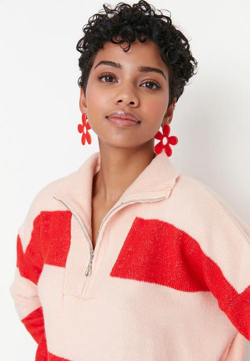 Trendyol - Stand-up collar zippered sweater - pink