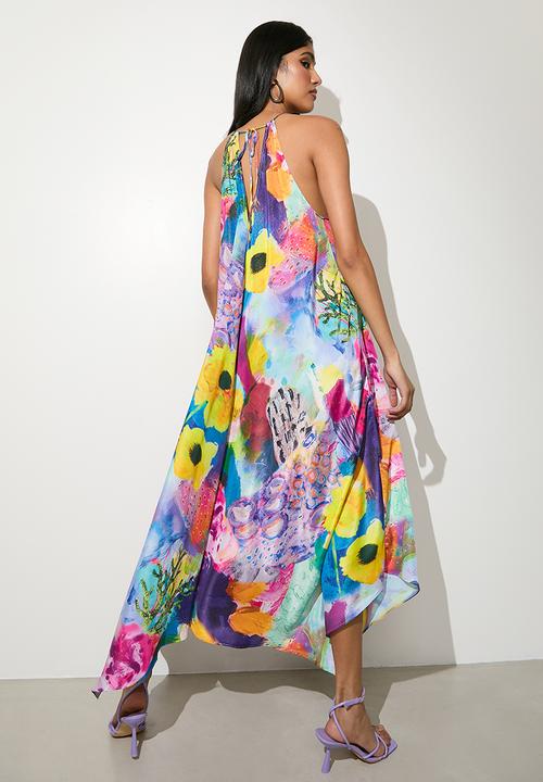 VELVET - Satin halter midi dress - watercolour reef