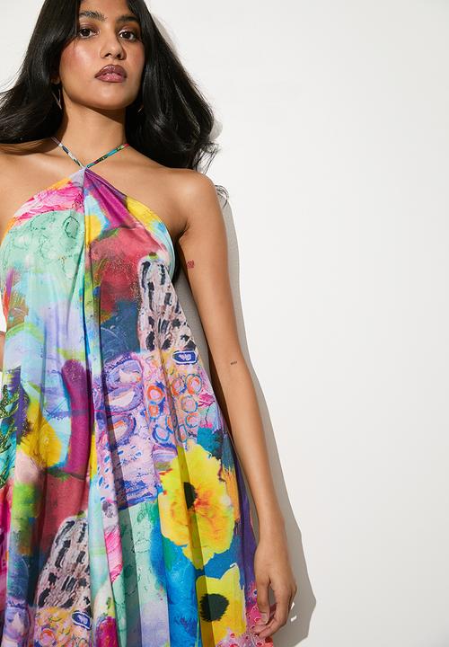 VELVET - Satin halter midi dress - watercolour reef