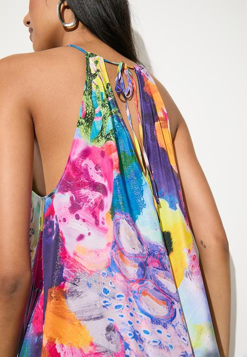 VELVET - Satin halter midi dress - watercolour reef