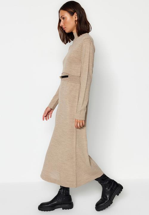 Trendyol - Modest knitwear dress with accessory - beige