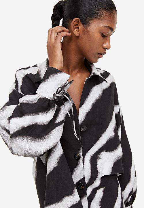 H&M - Linen-blend tie-detail shirt - black