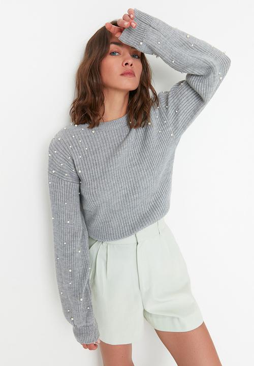 Trendyol - Pearl detail crewneck sweater - grey