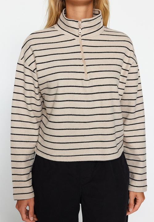 Trendyol - Striped zippered collar sweatshirt - light beige