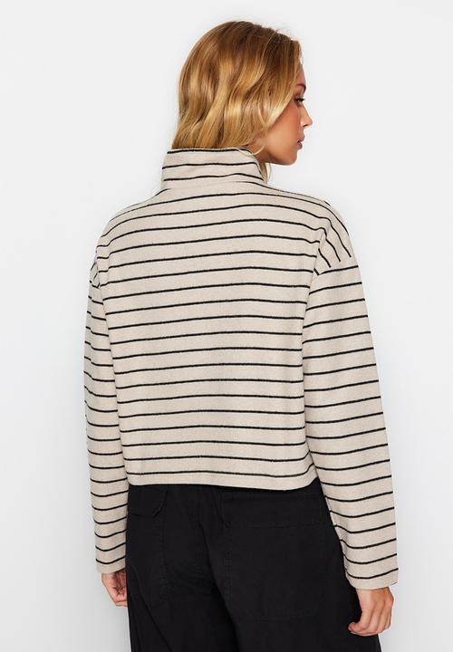 Trendyol - Striped zippered collar sweatshirt - light beige