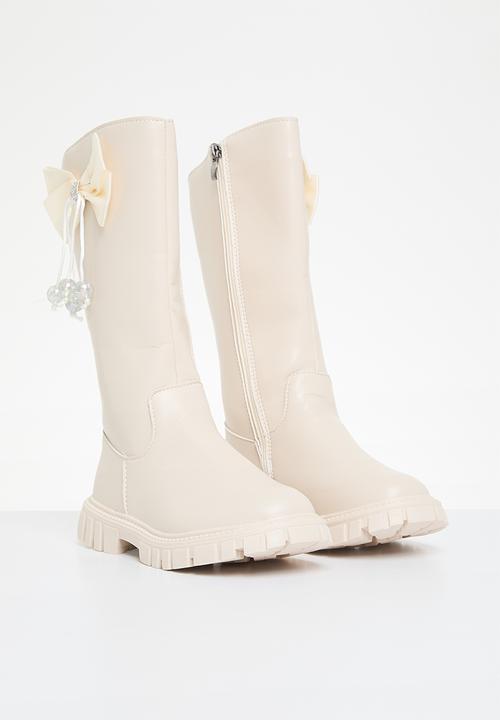 Pop Candy - Bowknot décor knee high boots - beige