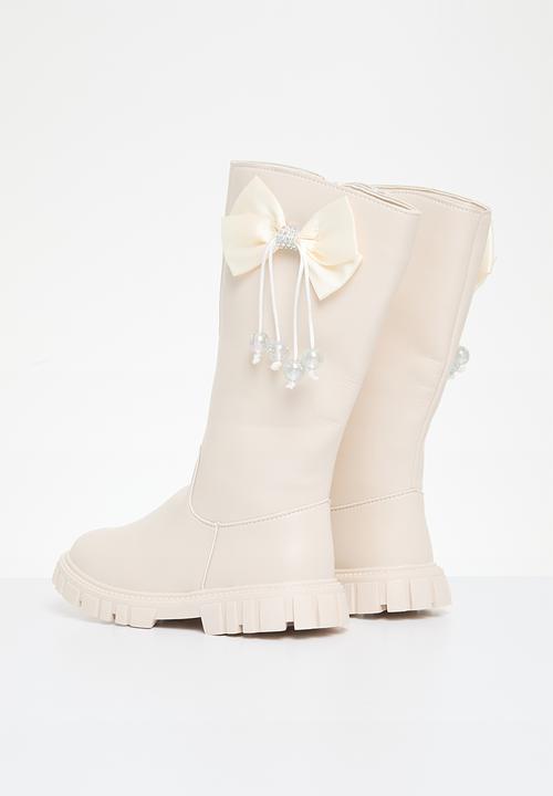 Pop Candy - Bowknot décor knee high boots - beige