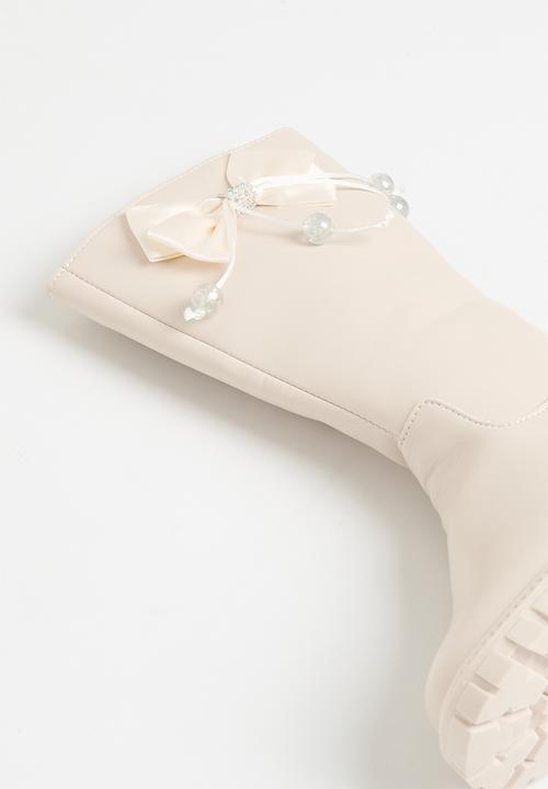Pop Candy - Bowknot décor knee high boots - beige