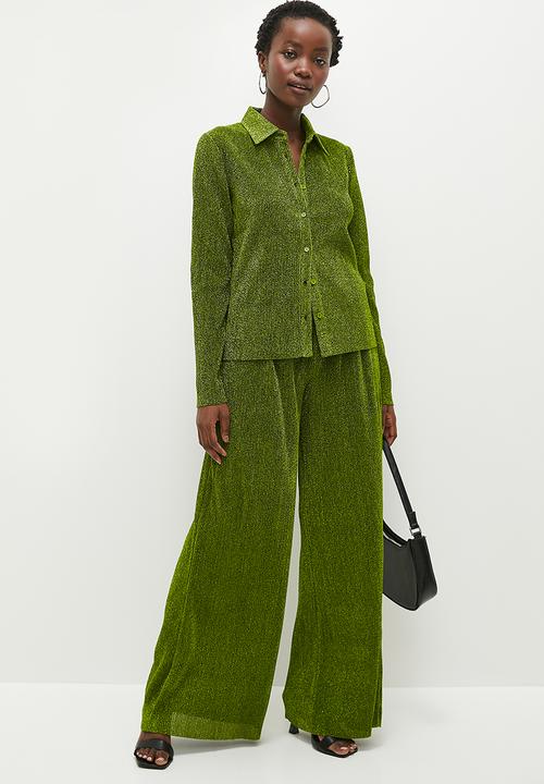 Glamorous - Plisse Glitter Trousers - Green