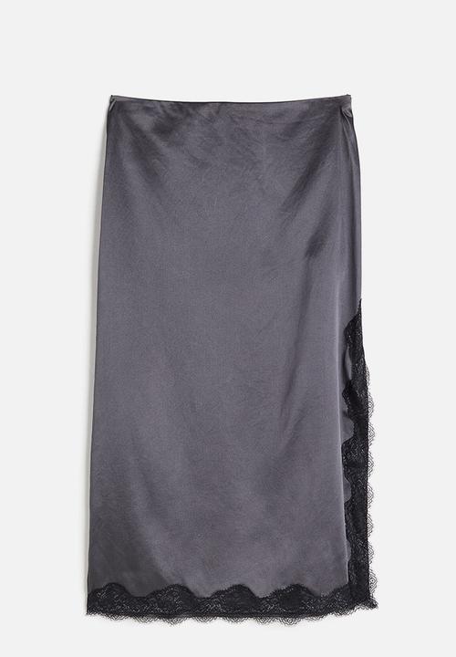 H&M - Lace-trimmed satin skirt - dark grey