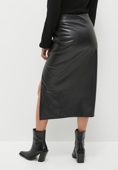 dailyfriday - Ruched PU midi skirt - black