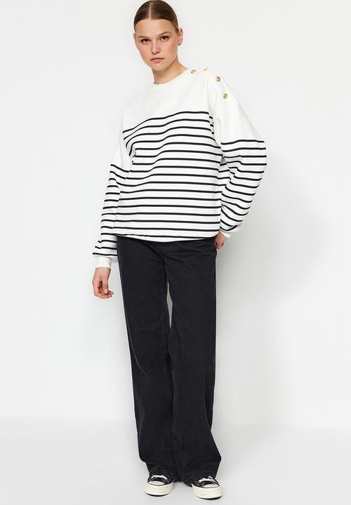 Trendyol - Striped button detail fleece sweatshirt - ecru