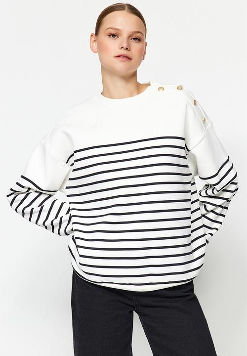 Trendyol - Striped button detail fleece sweatshirt - ecru