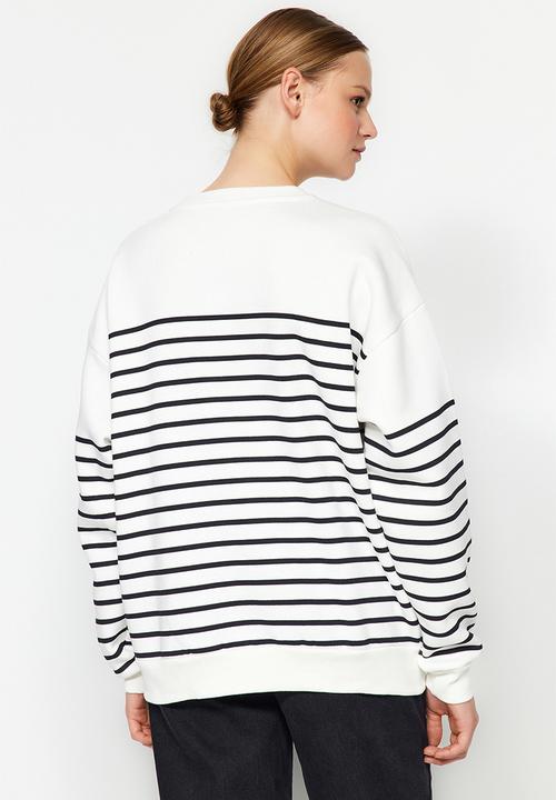 Trendyol - Striped button detail fleece sweatshirt - ecru