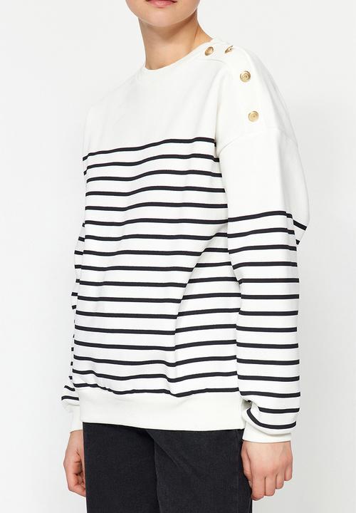 Trendyol - Striped button detail fleece sweatshirt - ecru
