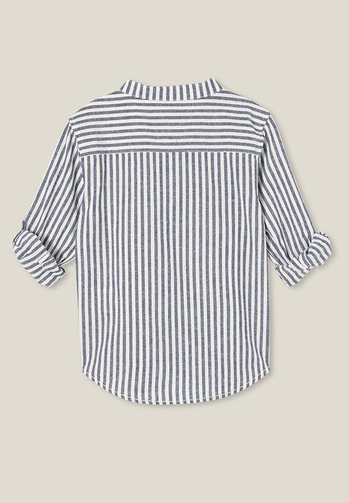 Cotton On - Grandpa collar prep shirt - in the navy/vanilla stripe