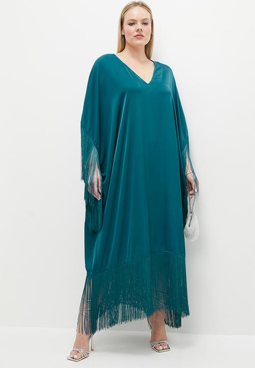 VELVET - Extended sleeve embroidery empire dress - teal