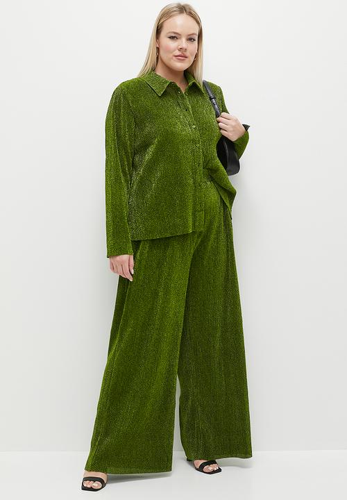 Glamorous - Plus Plisse Glitter Trousers - Green