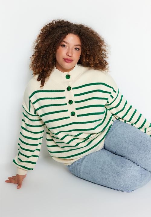 Trendyol - Plus striped sweater - green