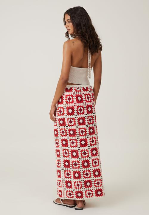 Cotton On - Crochet Knit Maxi Skirt - Ecru & Summer Red