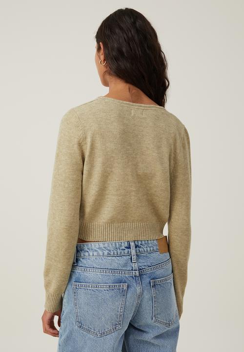 Cotton On - Everfine Crop V-Neck Button Cardigan - Olive Leaf Marle