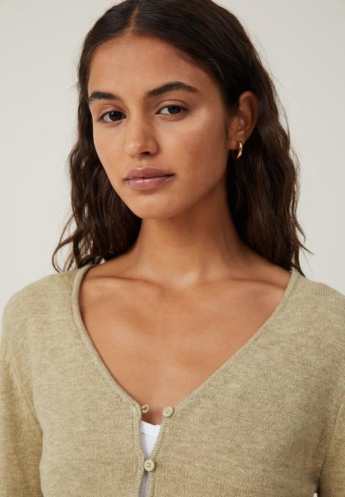 Cotton On - Everfine Crop V-Neck Button Cardigan - Olive Leaf Marle