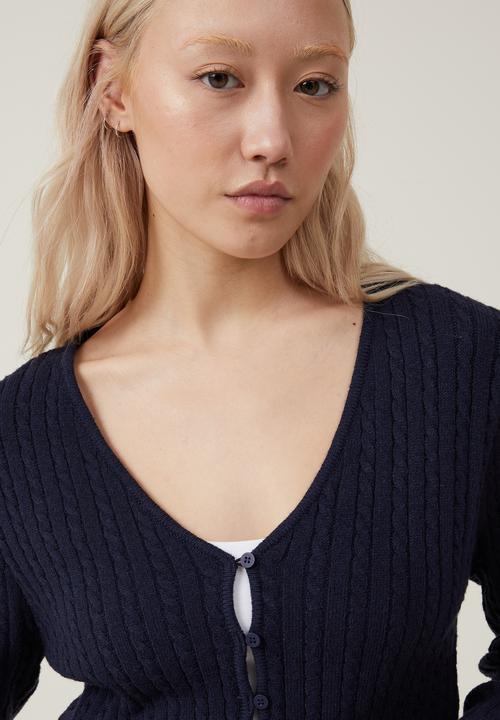 Cotton On - Everfine Crop V-Neck Button Cardigan - Winter Night Cable