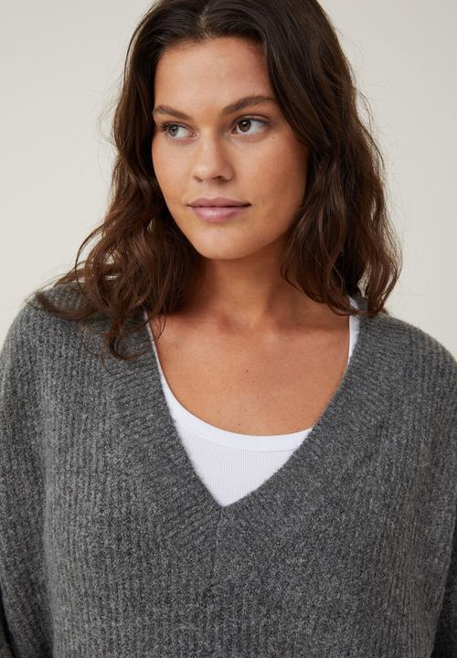Cotton On - Everything Slouchy V-Neck Pullover - Dark Grey Shadow Marle