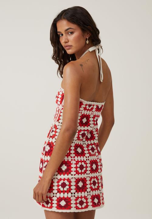 Cotton On - Halter Crochet Mini Dress - Red & Cream Blanket