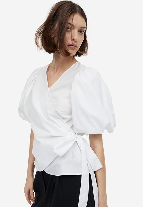 H&M - Balloon-sleeved wrap blouse - white