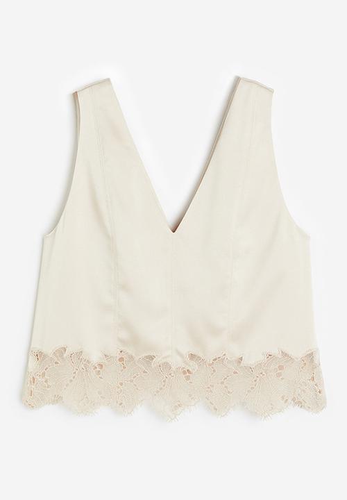 H&M - Lace-trimmed satin top - light beige