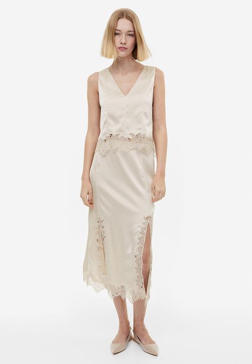 H&M - Lace-trimmed satin top - light beige