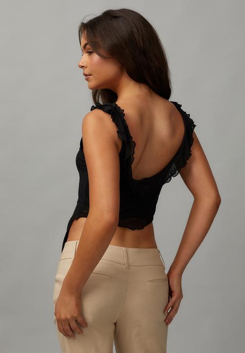 Factorie - Mesh Frill Asymmetric Top - Black 