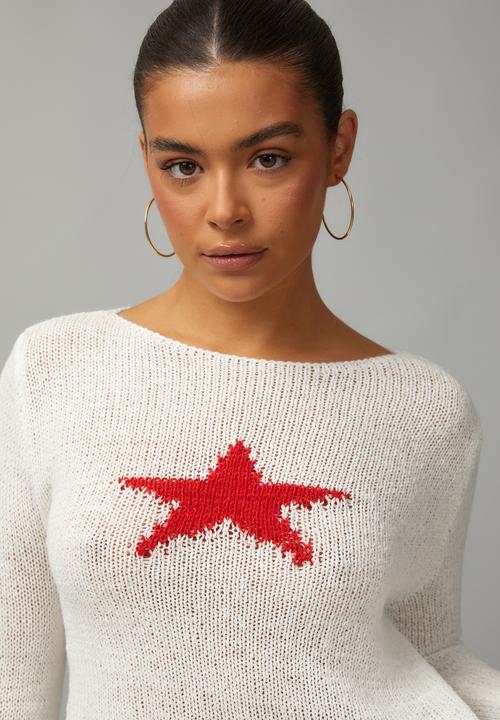 Factorie - Open Knit Star Jumper - Coconut/Red Star 