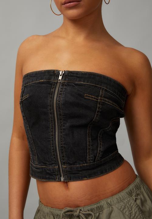 Factorie - Washed Denim Zip Thru Bandeau - Washed Black 