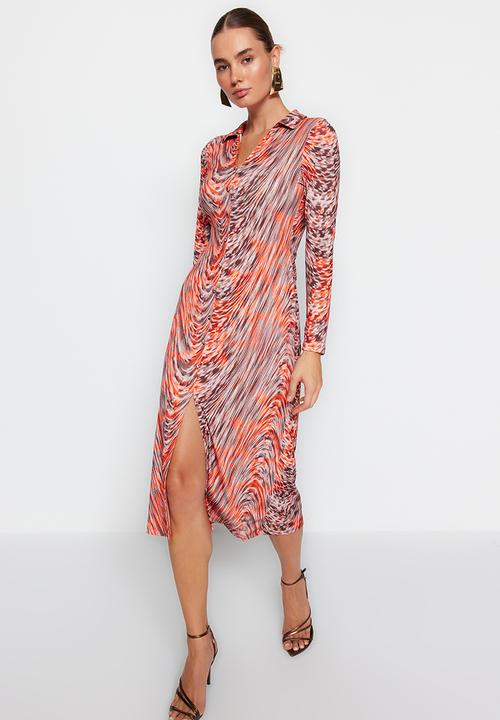 Trendyol - Patterned a-line midi dress - orange