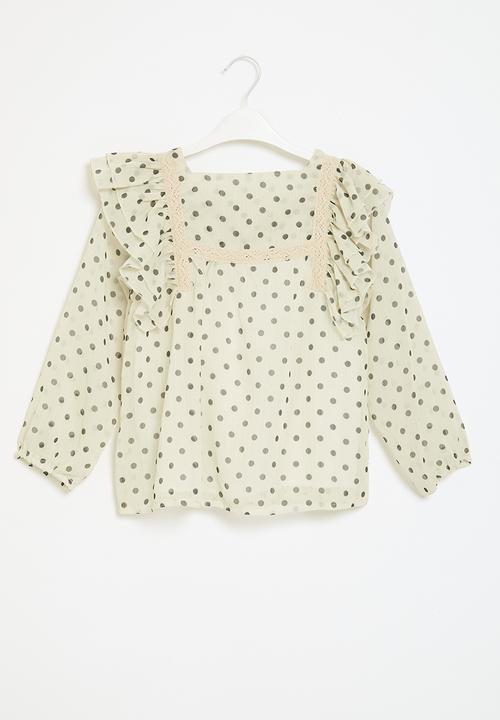 Pop Candy - Polka dot frilled top - white and black