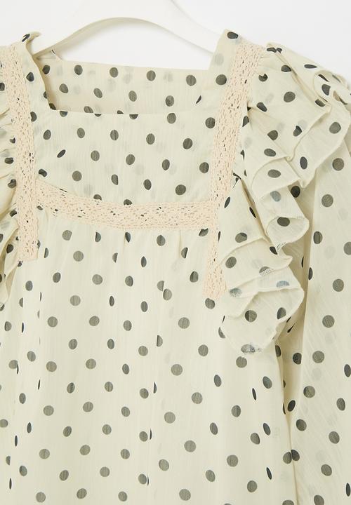 Pop Candy - Polka dot frilled top - white and black