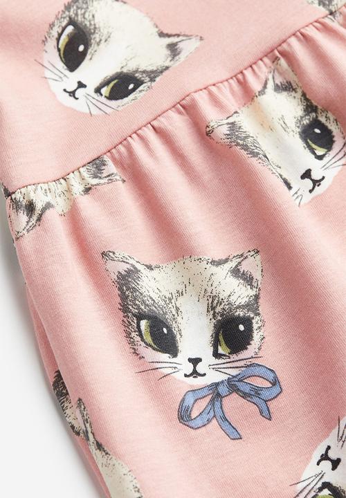 H&M - Patterned cotton dress - light pink kittens