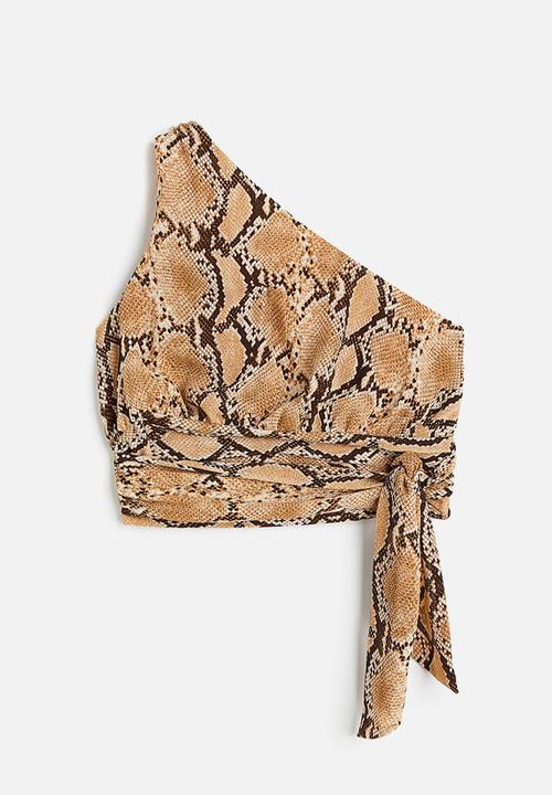 H&M - Cropped one-shoulder top - beige/snakeskin-patterned